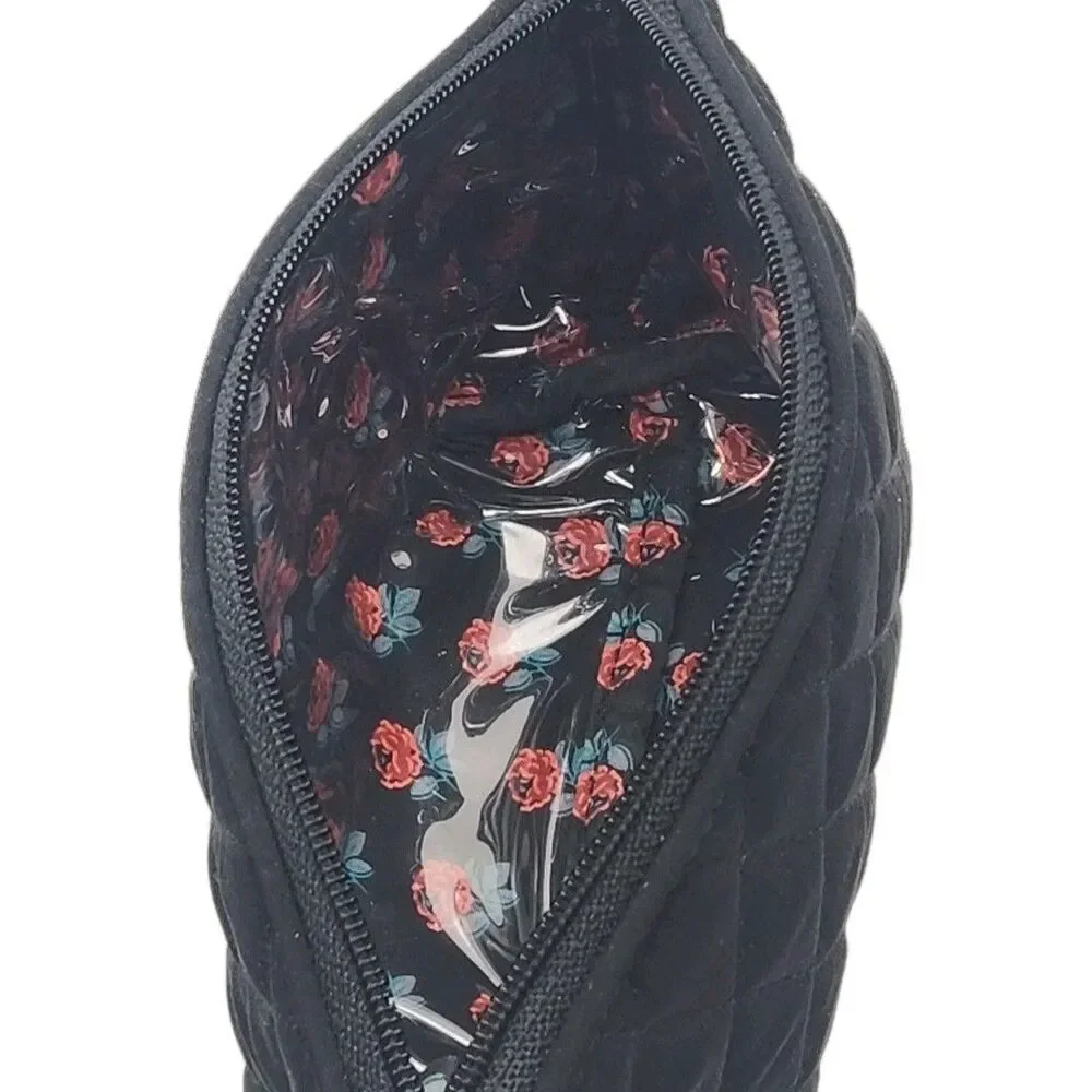 Vera Bradley Cosmetic Bag MakeUp Pouch Black Microfiber Zip 8x4.5
